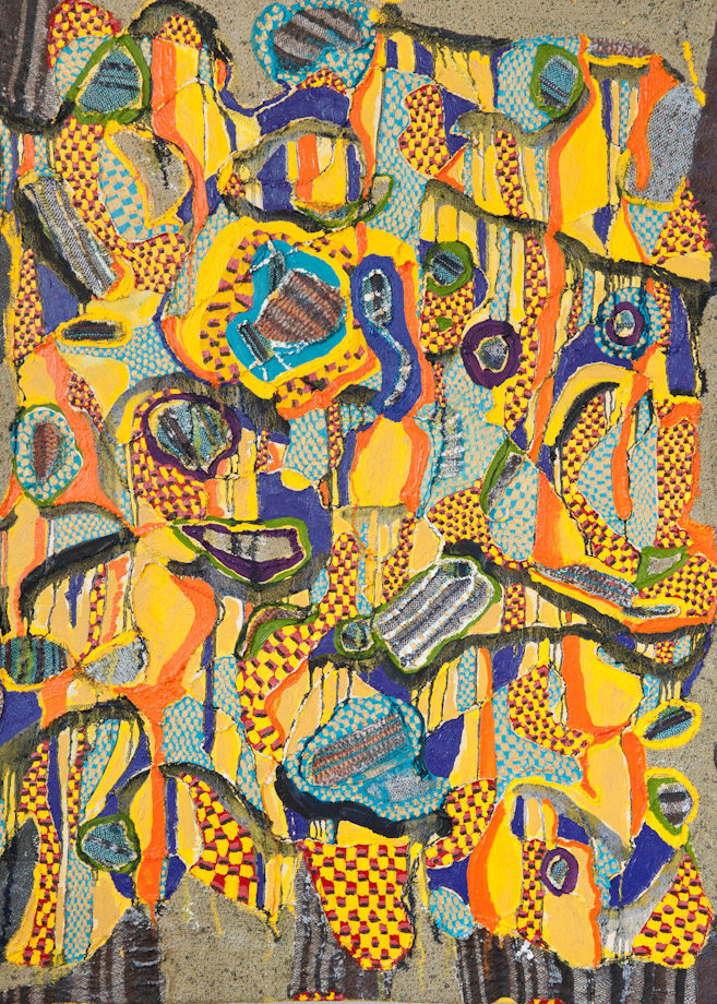 <em>Inward Strength, Handwoven fabric, string and oil on canvas, 48x36”, 2015.</em>